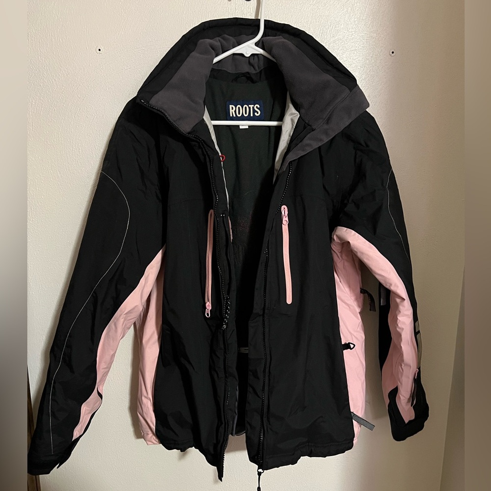 ROOTS Canada Insulated Ski Jacket Winter Warm Full Zip Pink Black Women's Sz L